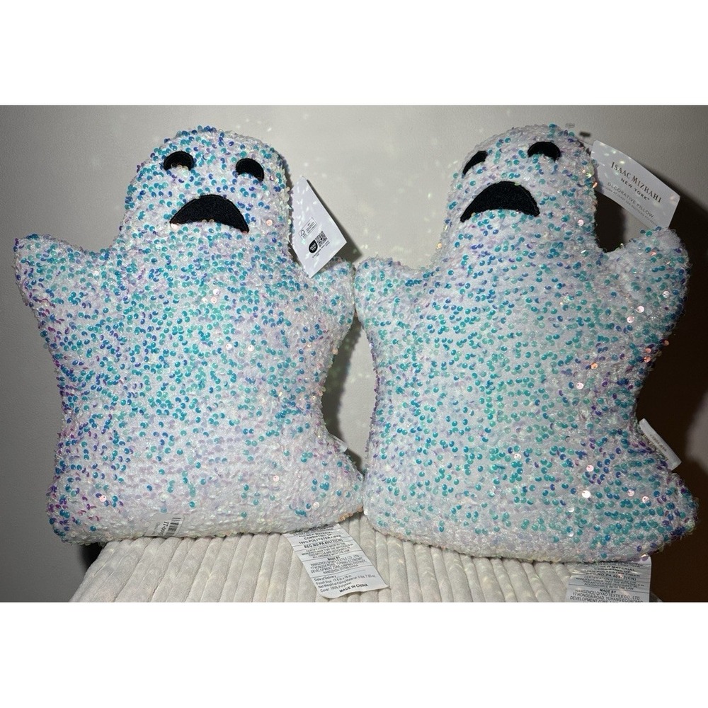 Set of 2 Sequined Ghost Throw Pillows by Isaac Mizrahi Iridescent Boo Spooky NWT
